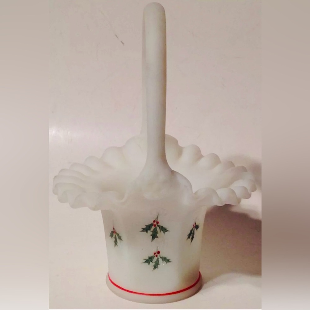 Fenton White Milk Glass Basket Hand Painted Holly Leaf Signed D Anderson Matte